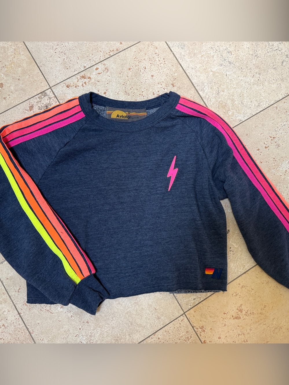 Aviator Nation Navy Cropped Sweatshirt with Neon Pink, Orange & Lime Stripes